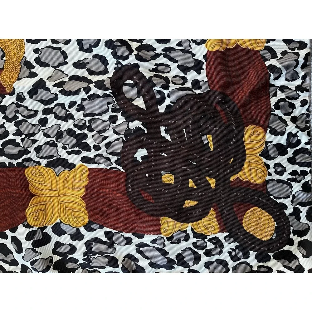 CHRISTIAN DIOR Leopard Silk Twill Scarf Spell Out Rope Knot Cord Gray Brown Gold